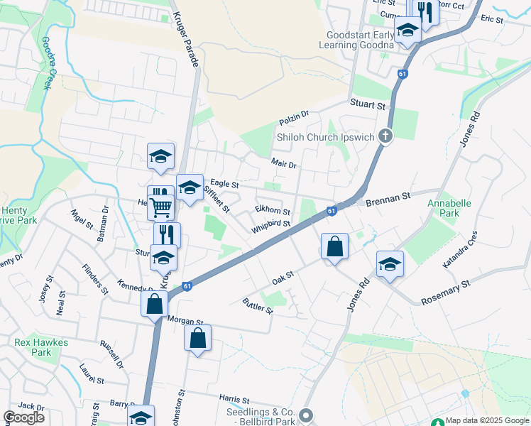 map of restaurants, bars, coffee shops, grocery stores, and more near 33 Elkhorn Street in Bellbird Park