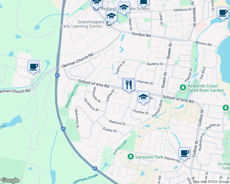 map of restaurants, bars, coffee shops, grocery stores, and more near 36 Pentecost Place in Redland Bay