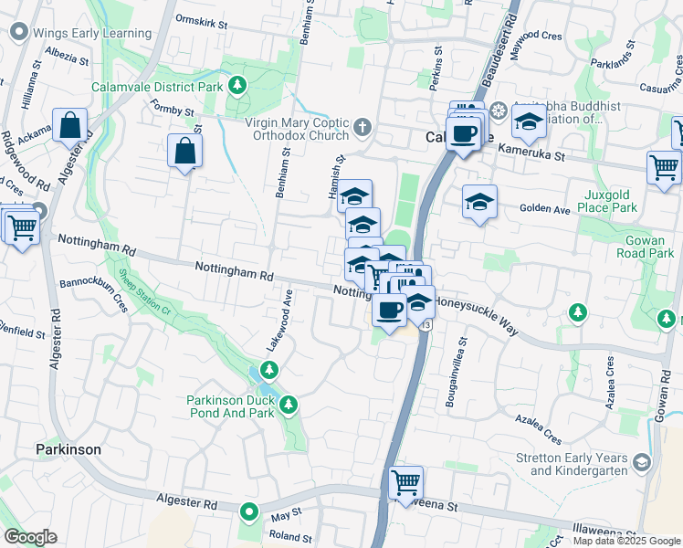 map of restaurants, bars, coffee shops, grocery stores, and more near 85 Nottingham Road in Calamvale