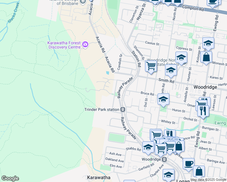 map of restaurants, bars, coffee shops, grocery stores, and more near 26 Patricia Avenue in Woodridge