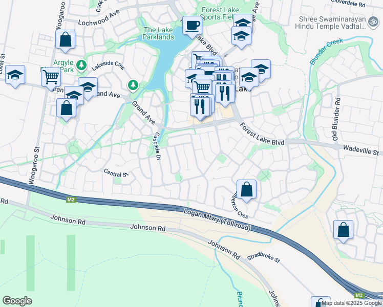 map of restaurants, bars, coffee shops, grocery stores, and more near 35 Kondalilla Parade in Forest Lake