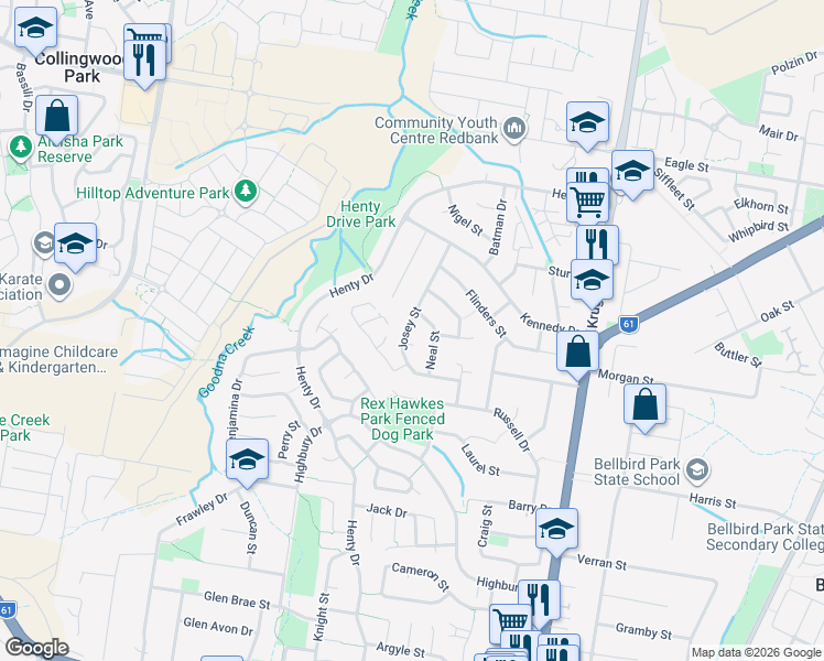 map of restaurants, bars, coffee shops, grocery stores, and more near 27 Josey Street in Redbank Plains