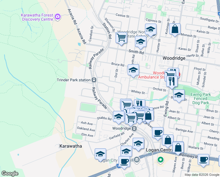 map of restaurants, bars, coffee shops, grocery stores, and more near 19 Frederick Street in Woodridge