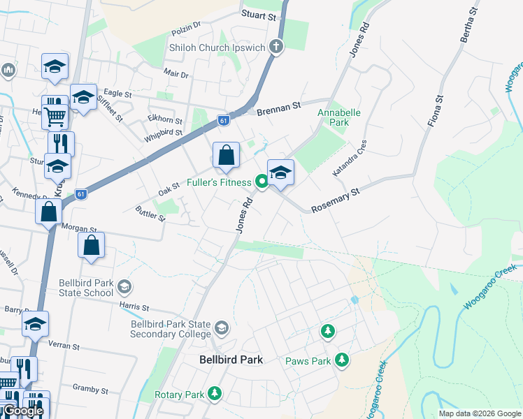 map of restaurants, bars, coffee shops, grocery stores, and more near 237 Jones Road in Bellbird Park