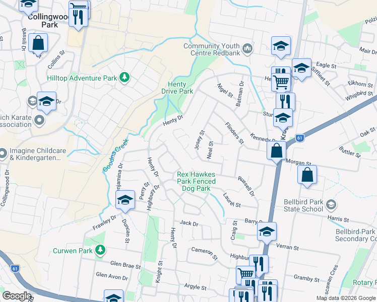map of restaurants, bars, coffee shops, grocery stores, and more near 9 Bottlebrush Crescent in Redbank Plains