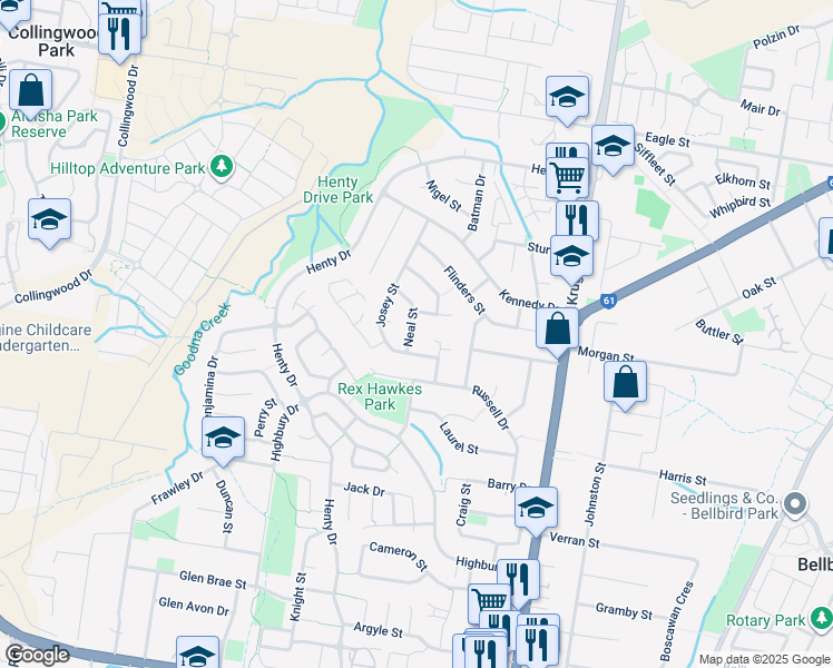 map of restaurants, bars, coffee shops, grocery stores, and more near 18 Neal Street in Redbank Plains
