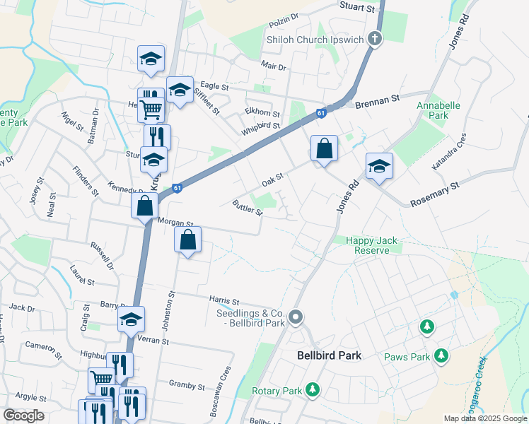 map of restaurants, bars, coffee shops, grocery stores, and more near 16 Buttler Street in Bellbird Park