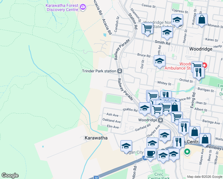 map of restaurants, bars, coffee shops, grocery stores, and more near 18 Pamela Crescent in Woodridge