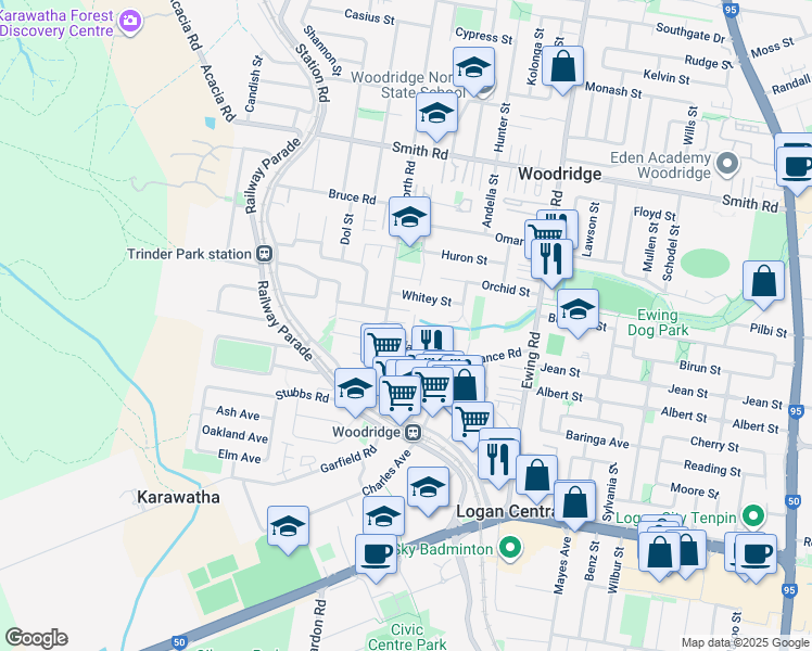 map of restaurants, bars, coffee shops, grocery stores, and more near 17 North Road in Woodridge
