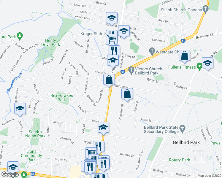 map of restaurants, bars, coffee shops, grocery stores, and more near 226 Redbank Plains Road in Bellbird Park