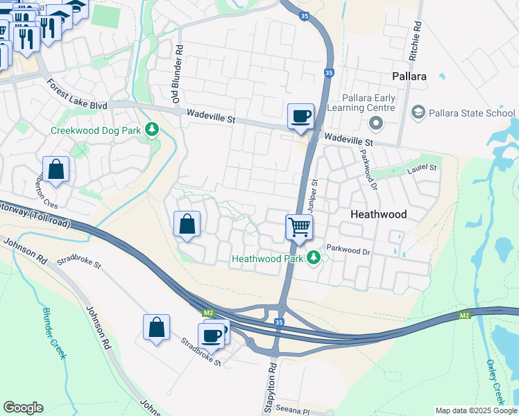 map of restaurants, bars, coffee shops, grocery stores, and more near 11 Uluru Place in Forest Lake