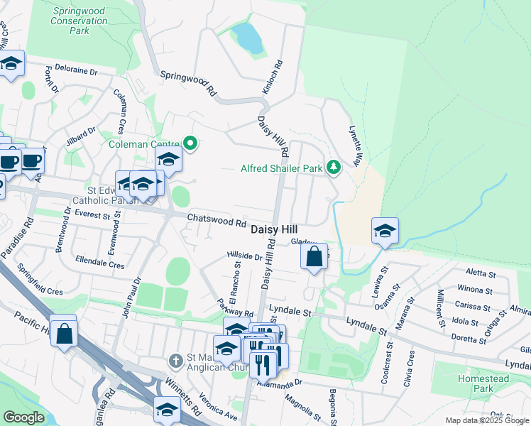 map of restaurants, bars, coffee shops, grocery stores, and more near 4 Mayflower Street in Daisy Hill