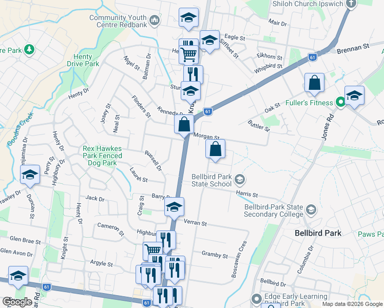 map of restaurants, bars, coffee shops, grocery stores, and more near 236 Redbank Plains Road in Bellbird Park