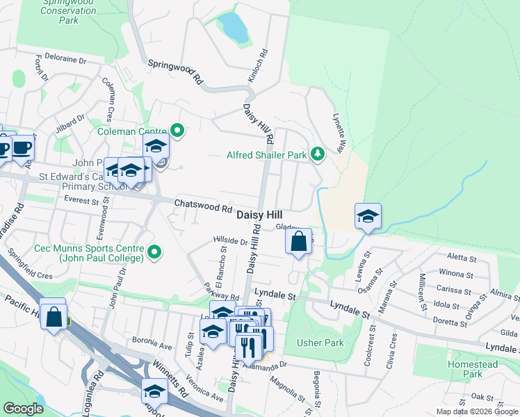 map of restaurants, bars, coffee shops, grocery stores, and more near Daisy Hill Road in Daisy Hill