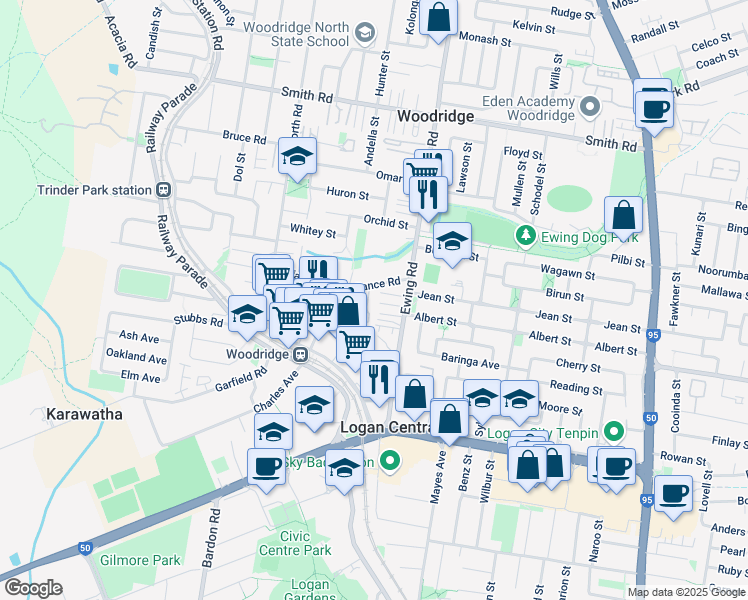 map of restaurants, bars, coffee shops, grocery stores, and more near 12 Defiance Road in Logan Central