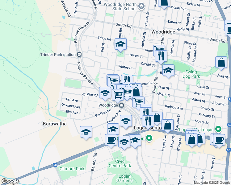 map of restaurants, bars, coffee shops, grocery stores, and more near 50 Blackwood Road in Logan Central