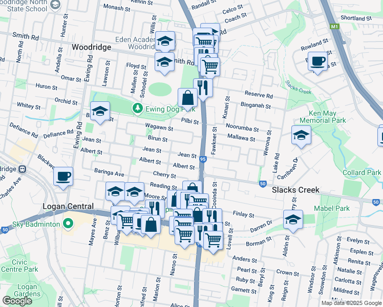 map of restaurants, bars, coffee shops, grocery stores, and more near 96 Jean Street in Woodridge
