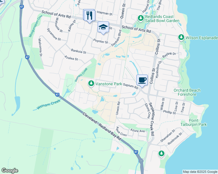 map of restaurants, bars, coffee shops, grocery stores, and more near Ellabay Crescent in Redland Bay