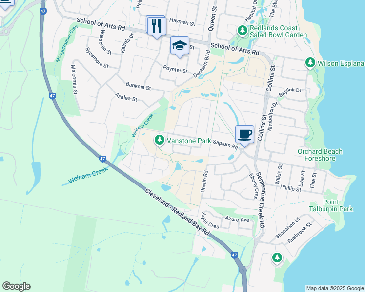 map of restaurants, bars, coffee shops, grocery stores, and more near 34 Ellabay Crescent in Redland Bay