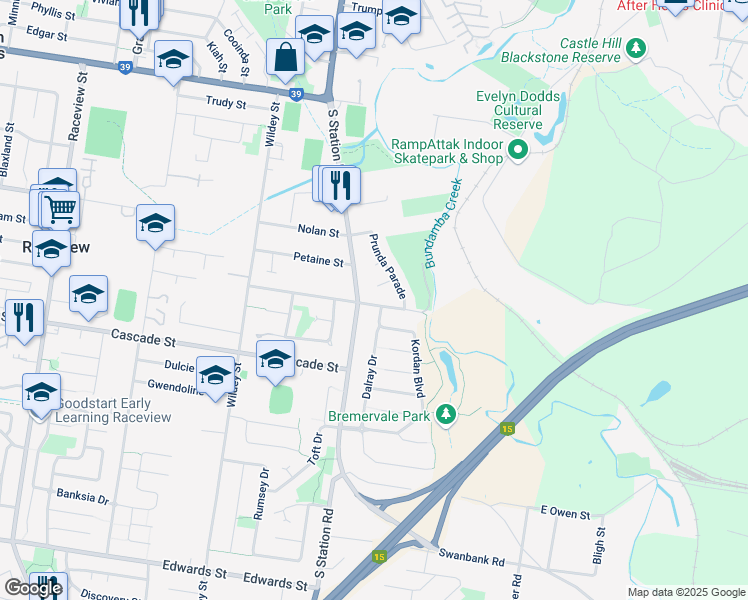 map of restaurants, bars, coffee shops, grocery stores, and more near 44 Harding Street in Raceview