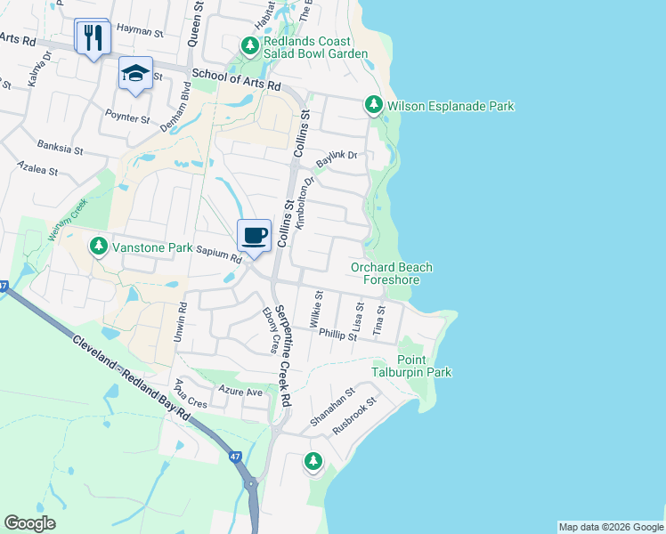 map of restaurants, bars, coffee shops, grocery stores, and more near 17 Penzance Drive in Redland Bay
