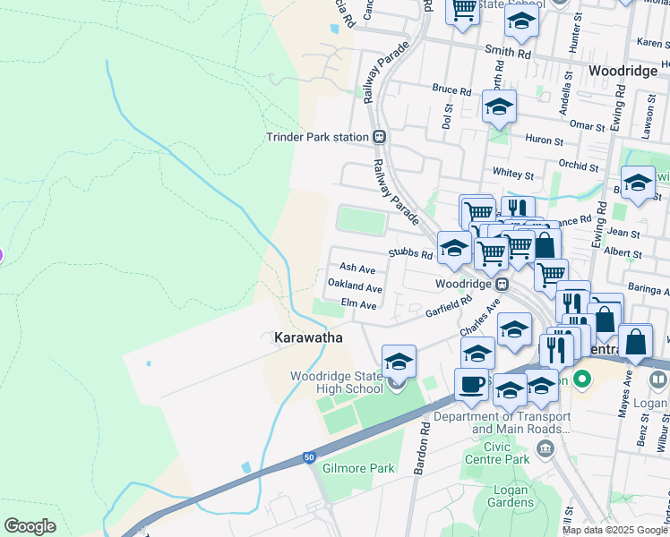 map of restaurants, bars, coffee shops, grocery stores, and more near 26 Ash Avenue in Woodridge
