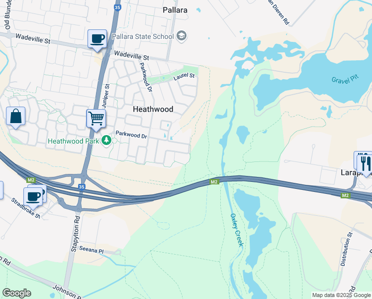 map of restaurants, bars, coffee shops, grocery stores, and more near 70 Steelwood Street in Heathwood