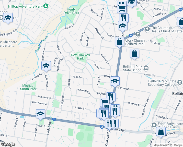 map of restaurants, bars, coffee shops, grocery stores, and more near 59 Highbury Drive in Redbank Plains