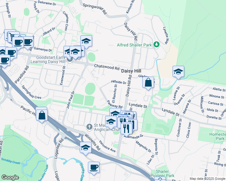 map of restaurants, bars, coffee shops, grocery stores, and more near 16 El Rancho Street in Daisy Hill