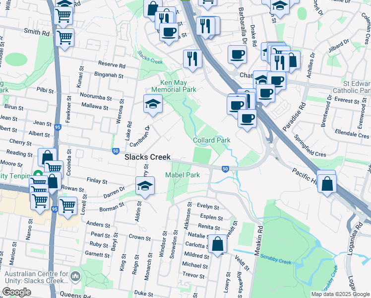 map of restaurants, bars, coffee shops, grocery stores, and more near 116 Paradise Road in Slacks Creek