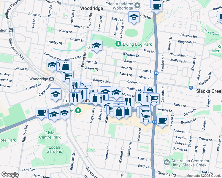 map of restaurants, bars, coffee shops, grocery stores, and more near 14 Laconia Street in Logan Central