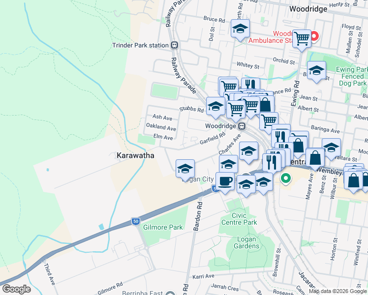 map of restaurants, bars, coffee shops, grocery stores, and more near 39 Garfield Road in Logan City