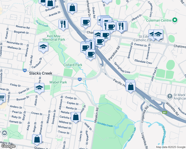 map of restaurants, bars, coffee shops, grocery stores, and more near 162 Paradise Road in Slacks Creek