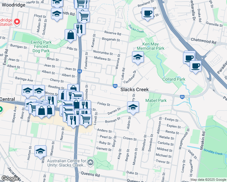 map of restaurants, bars, coffee shops, grocery stores, and more near 22 Janice Street in Slacks Creek
