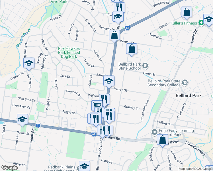 map of restaurants, bars, coffee shops, grocery stores, and more near 28 Somerfield Street in Redbank Plains