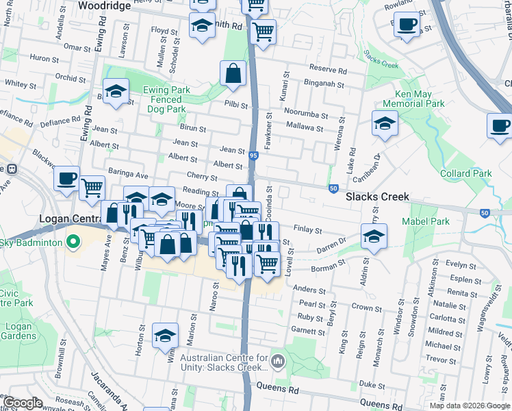 map of restaurants, bars, coffee shops, grocery stores, and more near 342 Kingston Road in Slacks Creek