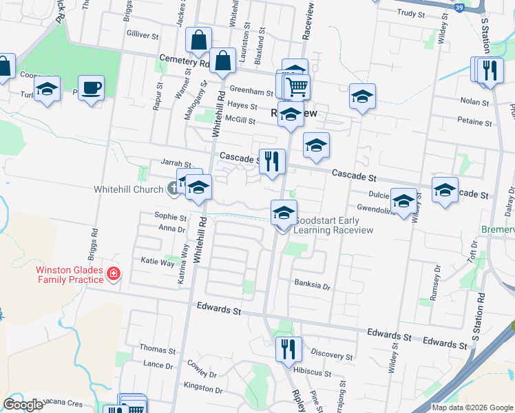 map of restaurants, bars, coffee shops, grocery stores, and more near 48 Pendragon Street in Raceview