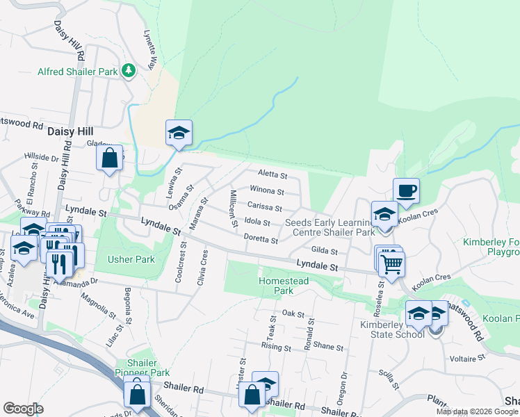 map of restaurants, bars, coffee shops, grocery stores, and more near 13 Carissa Street in Shailer Park