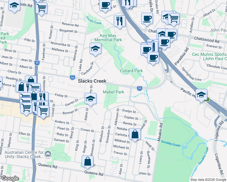 map of restaurants, bars, coffee shops, grocery stores, and more near Paradise Road in Slacks Creek