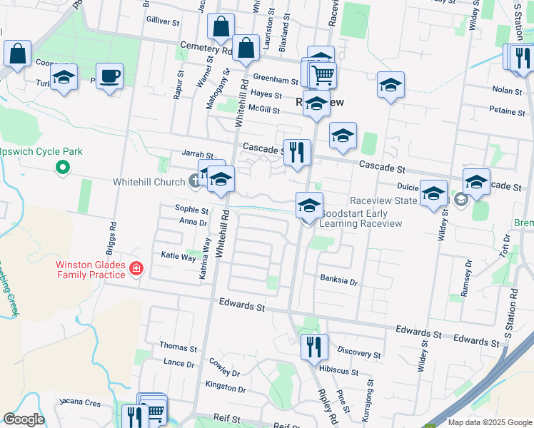 map of restaurants, bars, coffee shops, grocery stores, and more near 22 Pencarrow Crescent in Raceview