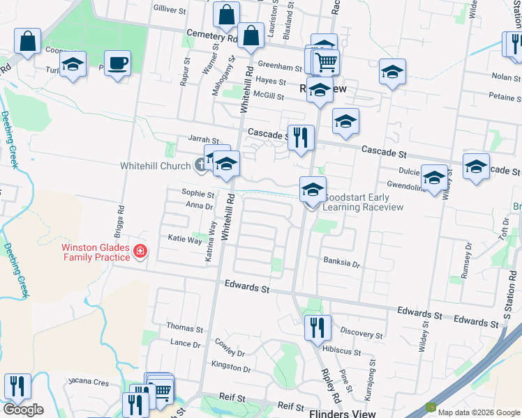 map of restaurants, bars, coffee shops, grocery stores, and more near 82 Westminster Crescent in Raceview