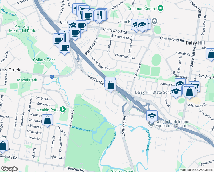 map of restaurants, bars, coffee shops, grocery stores, and more near 3350 Pacific Highway in Slacks Creek