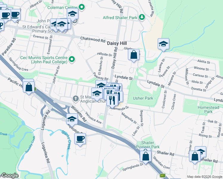 map of restaurants, bars, coffee shops, grocery stores, and more near 43 Daisy Hill Road in Daisy Hill