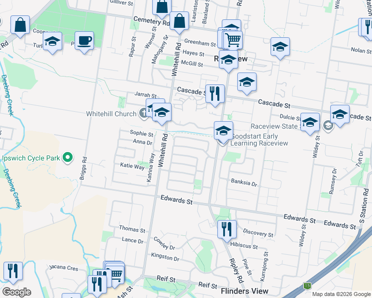 map of restaurants, bars, coffee shops, grocery stores, and more near 81 Westminster Crescent in Raceview
