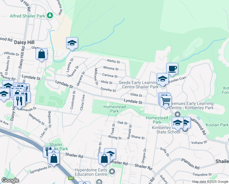 map of restaurants, bars, coffee shops, grocery stores, and more near 37 Doretta Street in Shailer Park