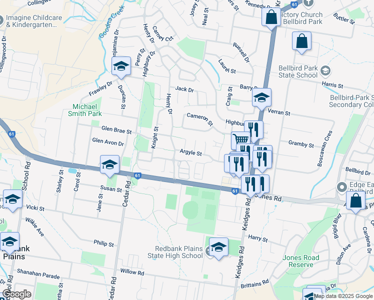 map of restaurants, bars, coffee shops, grocery stores, and more near 43 Argyle Street in Redbank Plains