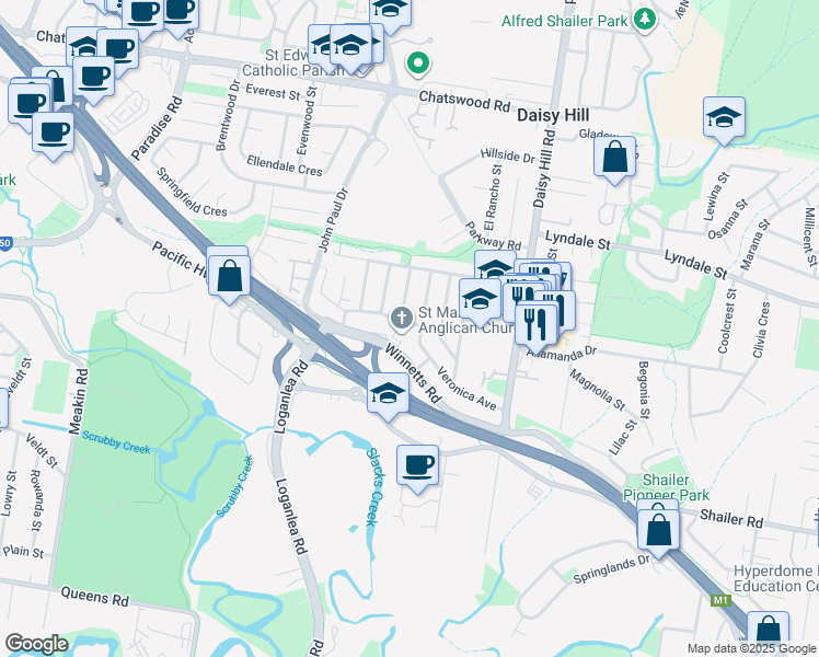map of restaurants, bars, coffee shops, grocery stores, and more near 4 Boronia Avenue in Daisy Hill