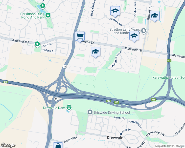 map of restaurants, bars, coffee shops, grocery stores, and more near 15 Plumeria Place in Drewvale