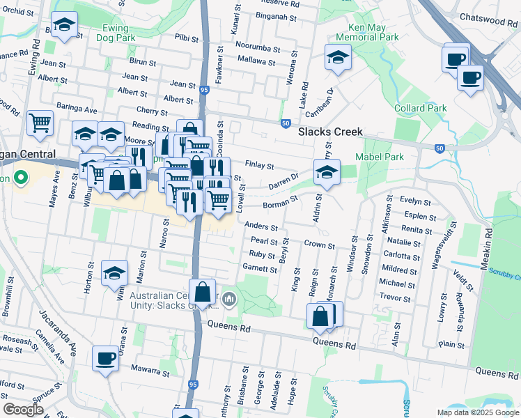 map of restaurants, bars, coffee shops, grocery stores, and more near 11 Borman Street in Slacks Creek