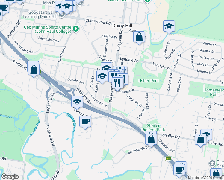 map of restaurants, bars, coffee shops, grocery stores, and more near 16 Daisy Hill Road in Daisy Hill